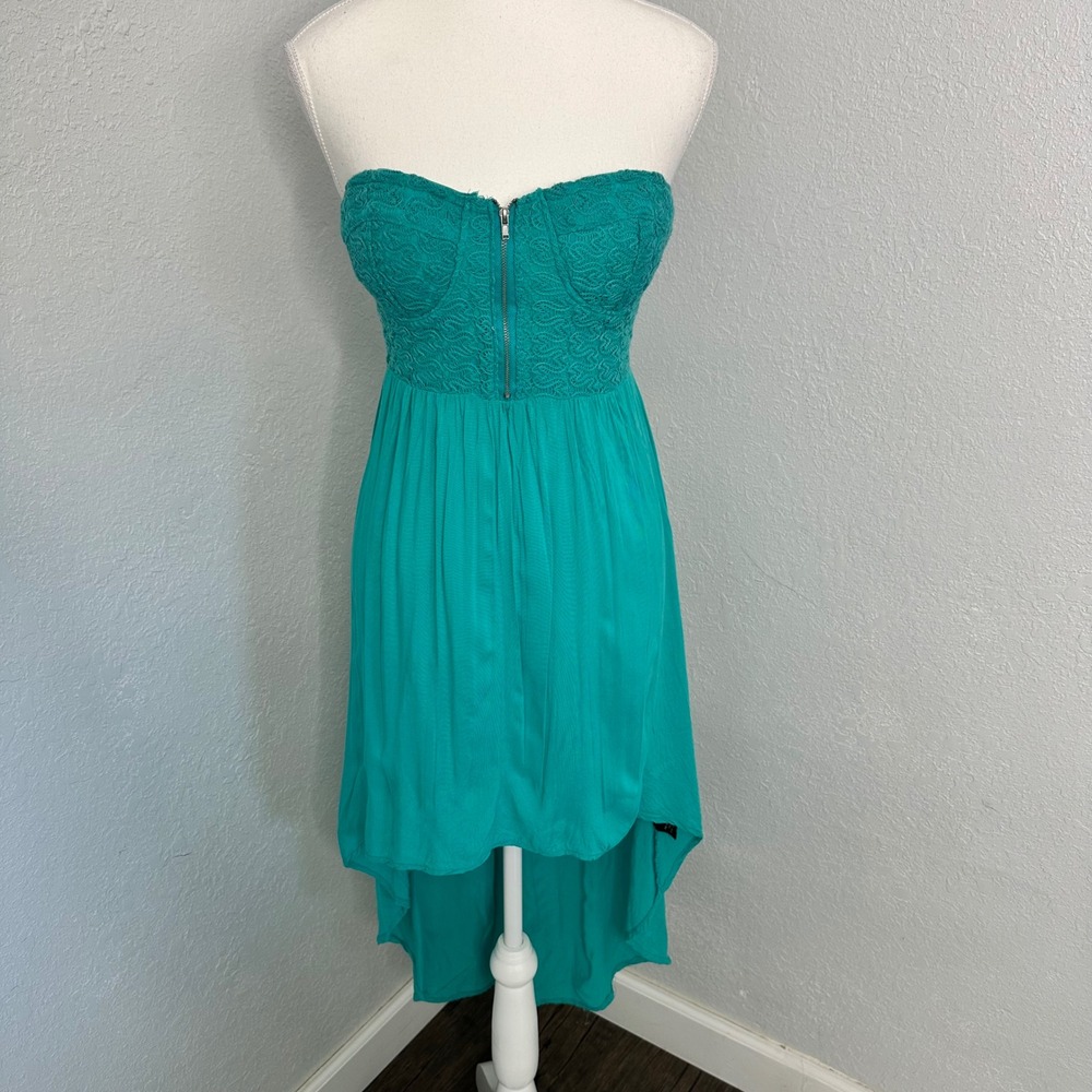 Love Culture Teal Dress Strapless Lace Bustier High Low Mini Party Dress